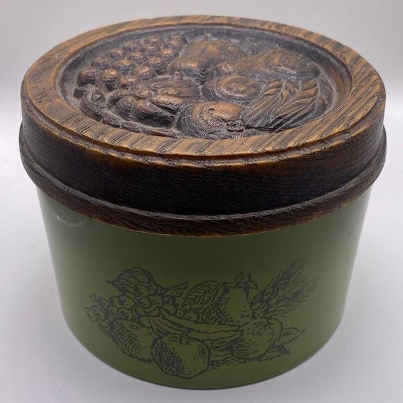 Vintage Cheinco Green Fruit Canister with Faux Wood Lid Mid Century Kitchen Deco - Picture 3 of 6